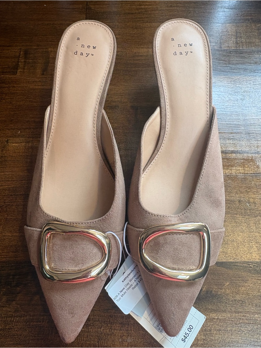 a new day Taupe Pointed Toe Mule with Gold Buckle Accent
